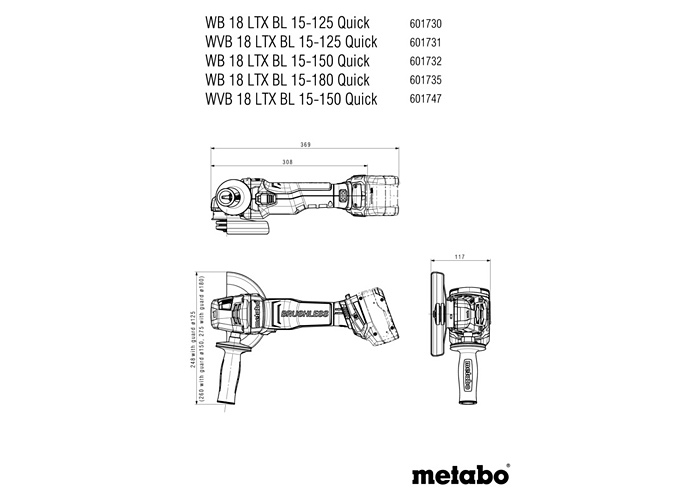 Аккумуляторная болгарка METABO WB 18 LTX BL 15-125 Quick (Каркас, metaBOX 165 L)