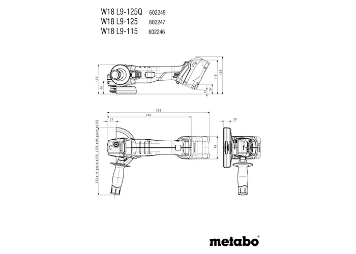 Акумуляторна болгарка METABO W 18 L 9-115 (Каркас, metaBOX 165 L)