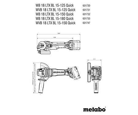 Акумуляторна болгарка METABO WB 18 LTX BL 15-150 Quick (Каркас, metaBOX 165 L)